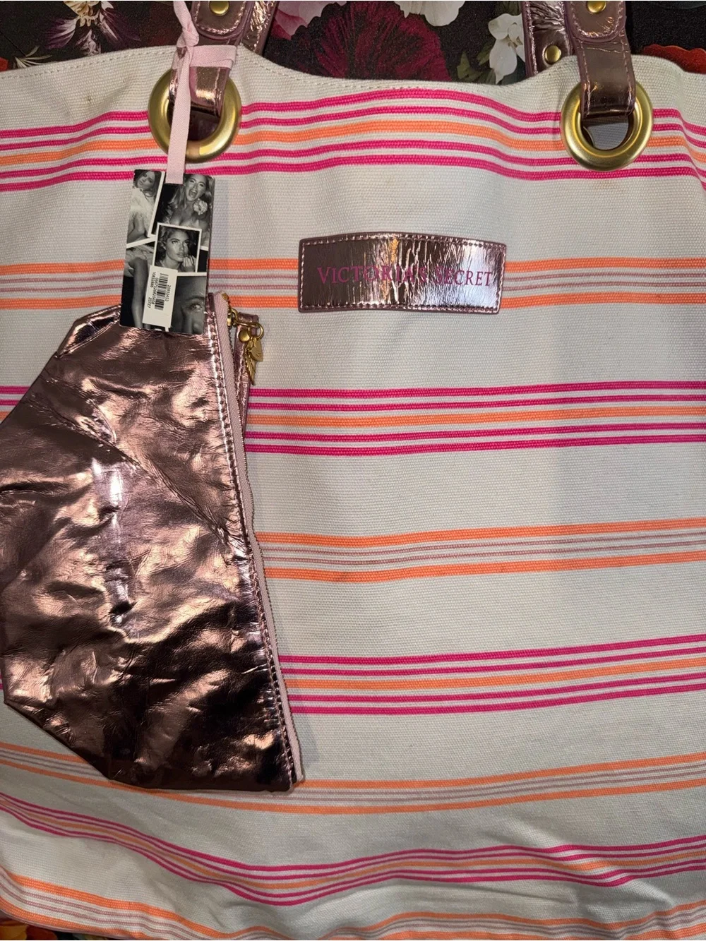 NWT RARE Vintage Oversized Victoria's Secret Pink & Orange Striped Canvas Tote